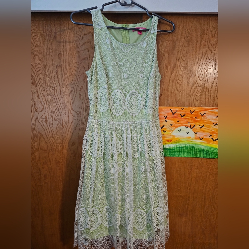 Betsey Johnson White Lace Over Green Summer Dress